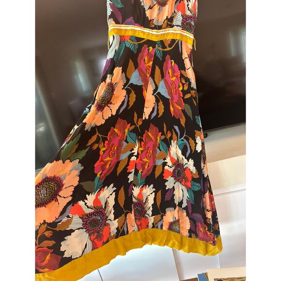 Maeve Anthropologie Vintage Floral Wrap Midi Dress Yellow Trim Size 0 XS - Picture 11 of 13
